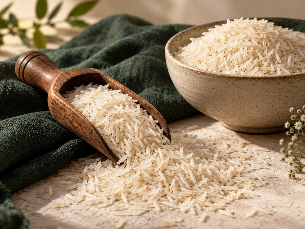 Long basmati rice grains in a wooden scoop beside a bowl of rice