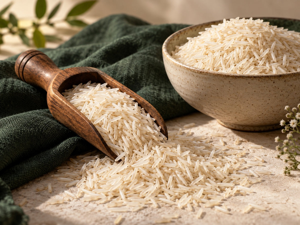 Long basmati rice grains in a wooden scoop beside a bowl of rice