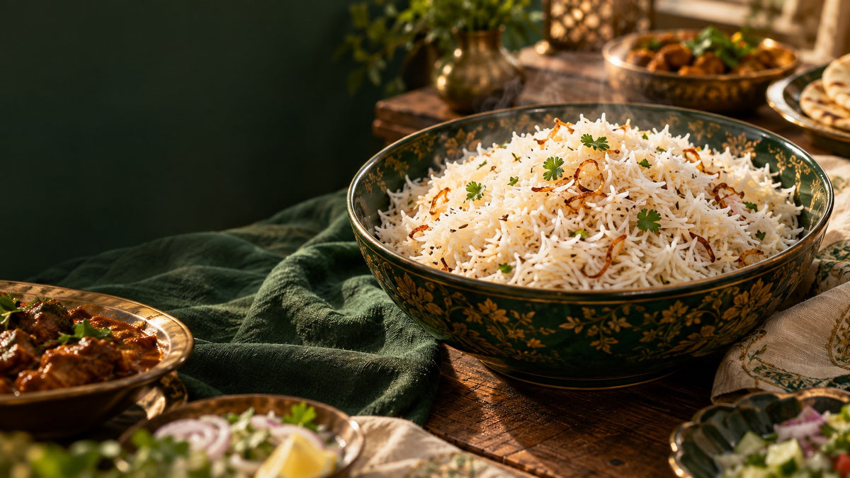 A serving bowl of basmati rice on a family dining table