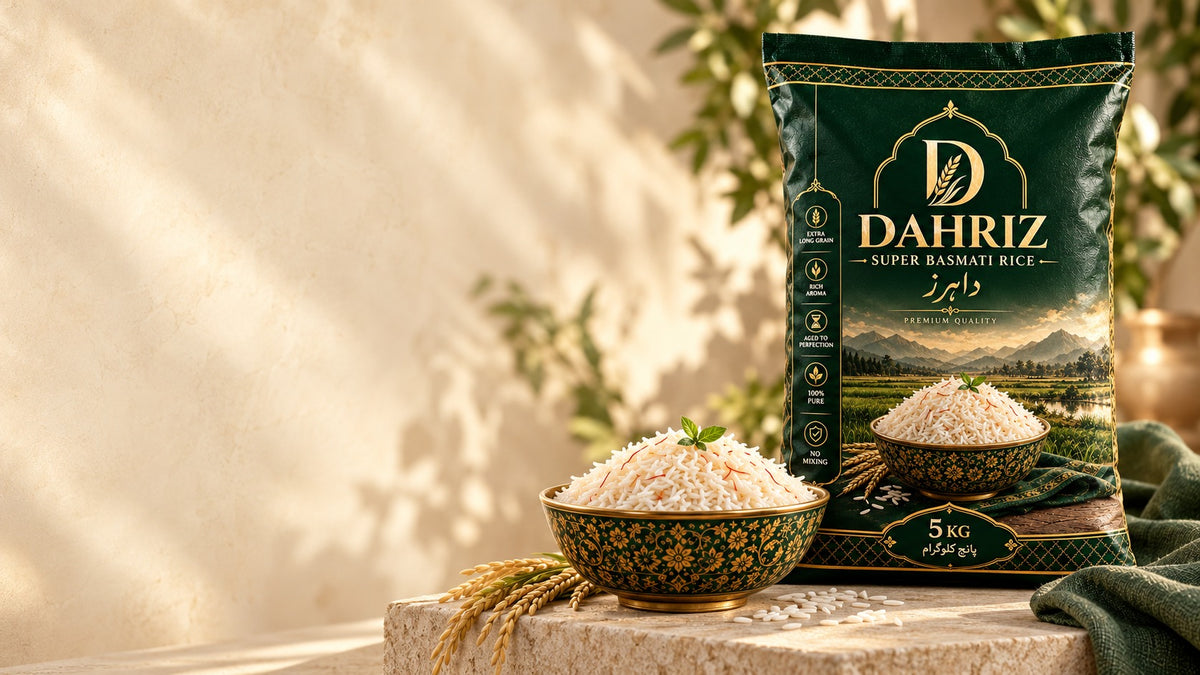 DAHRIZ Super Basmati Rice bag beside a bowl of basmati rice